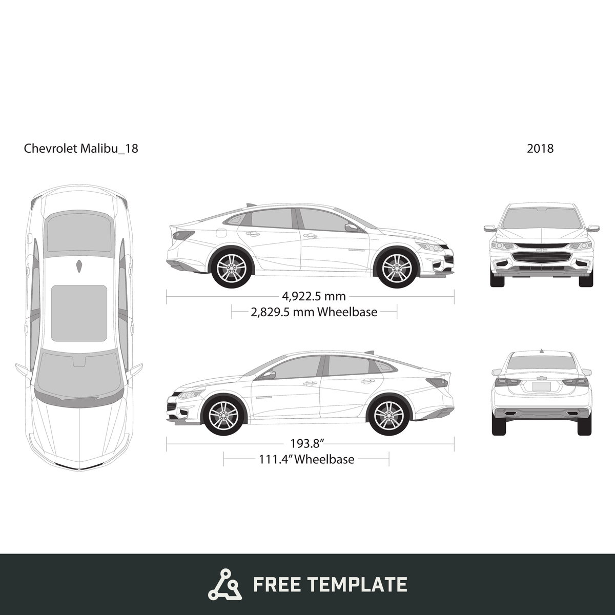 2018 Chevy Malibu free vector vehicle wrap template - GravBase