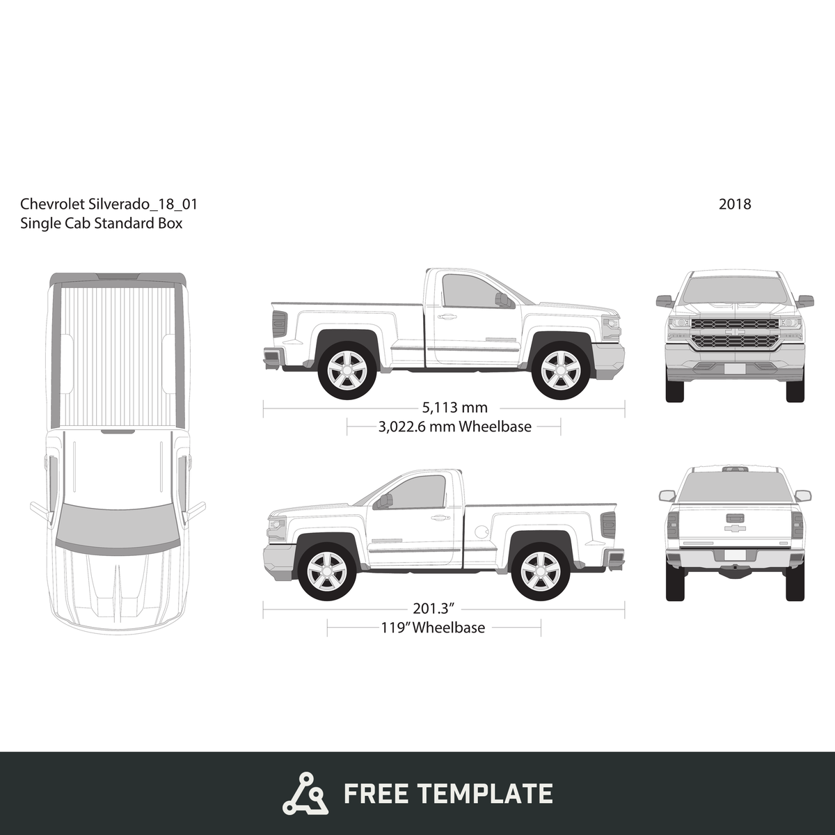 2018 Chevy Silverado 1500 free vector vehicle wrap template - GravBase