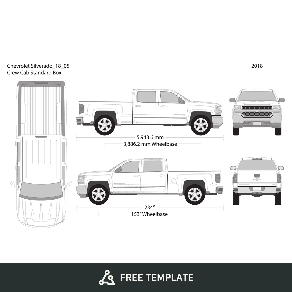 2018 Chevy Silverado 1500 free vector vehicle wrap template - GravBase