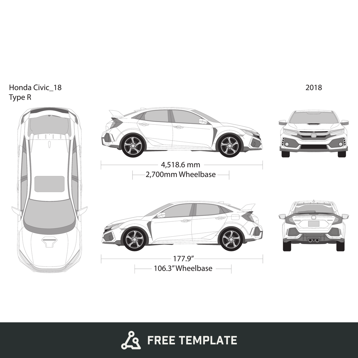 2018 Honda Civic Hatchback free vector vehicle wrap template - GravBase