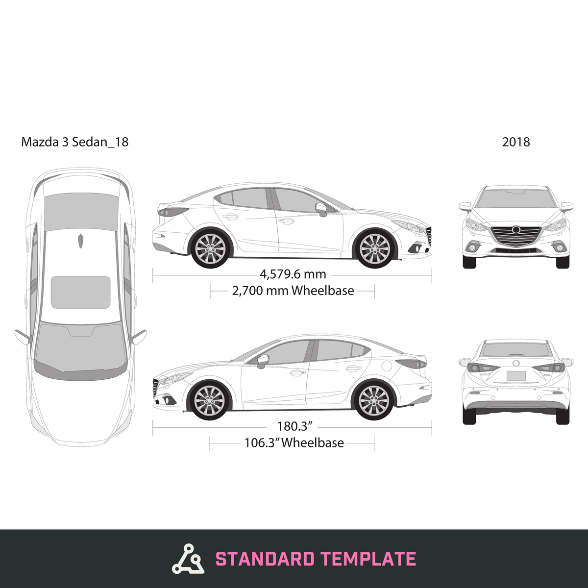 2018 Mazda 3 Sedan vector wrap template, Design-Ready PDF - GravBase