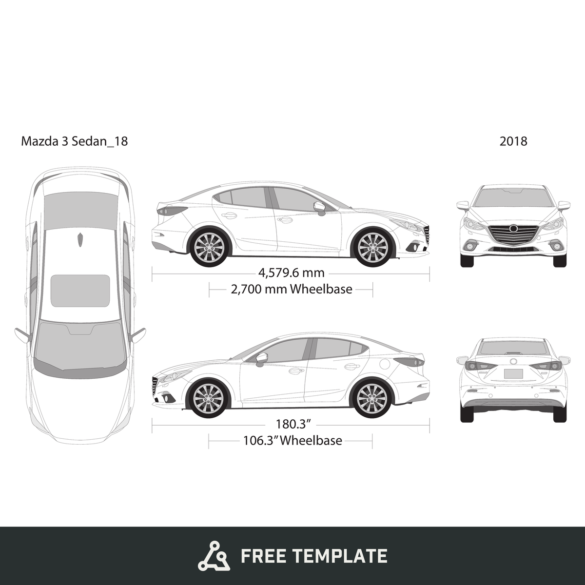 2018 Mazda 3 Sedan free vector vehicle wrap template - GravBase