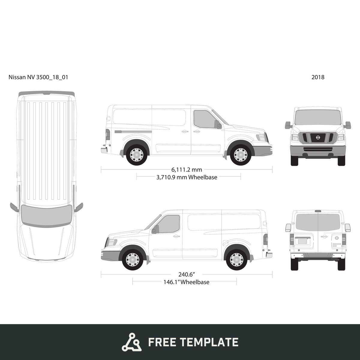 2018 Nissan NV Cargo 3500 free vector vehicle wrap template - GravBase