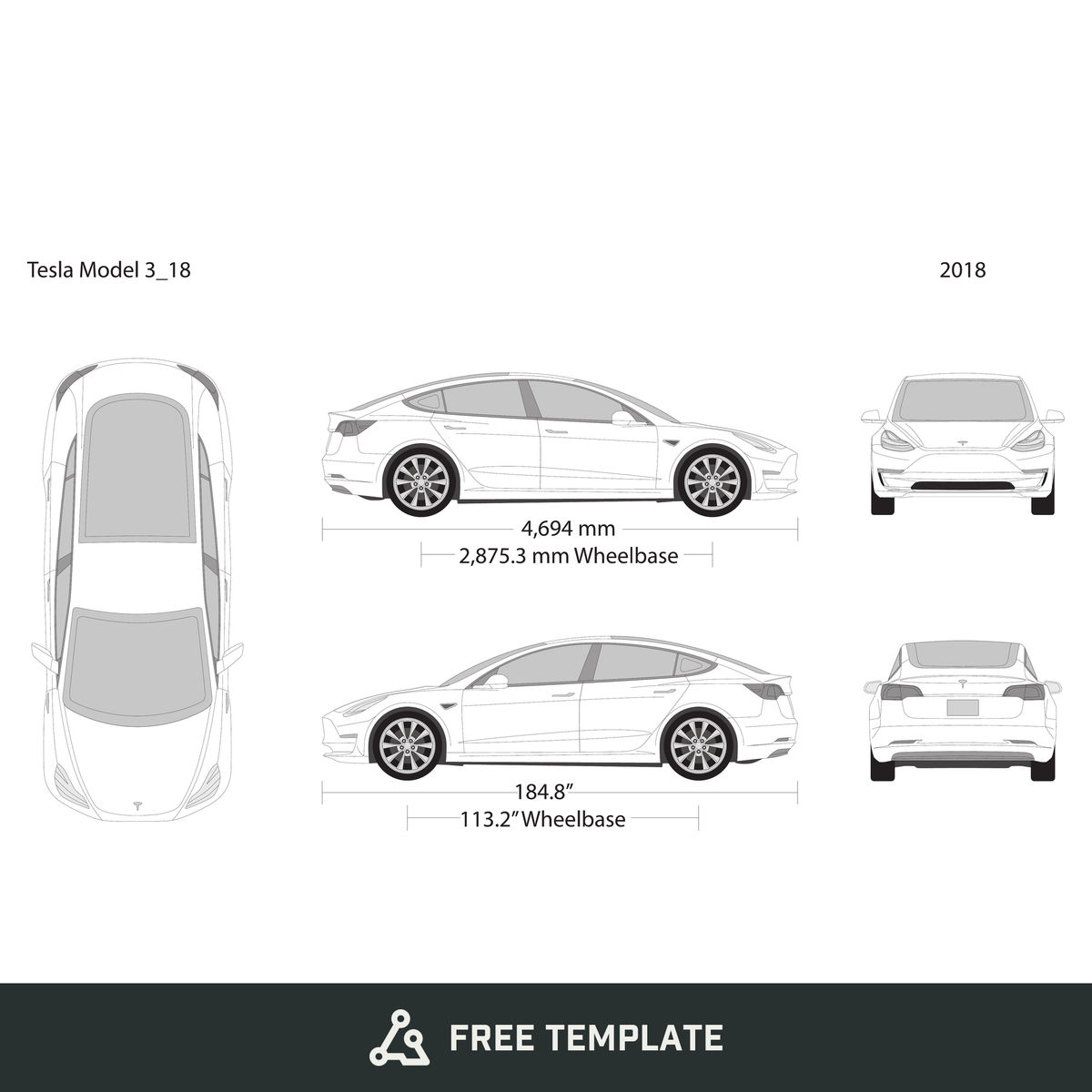 2018 Tesla Model 3 free vector vehicle wrap template - GravBase