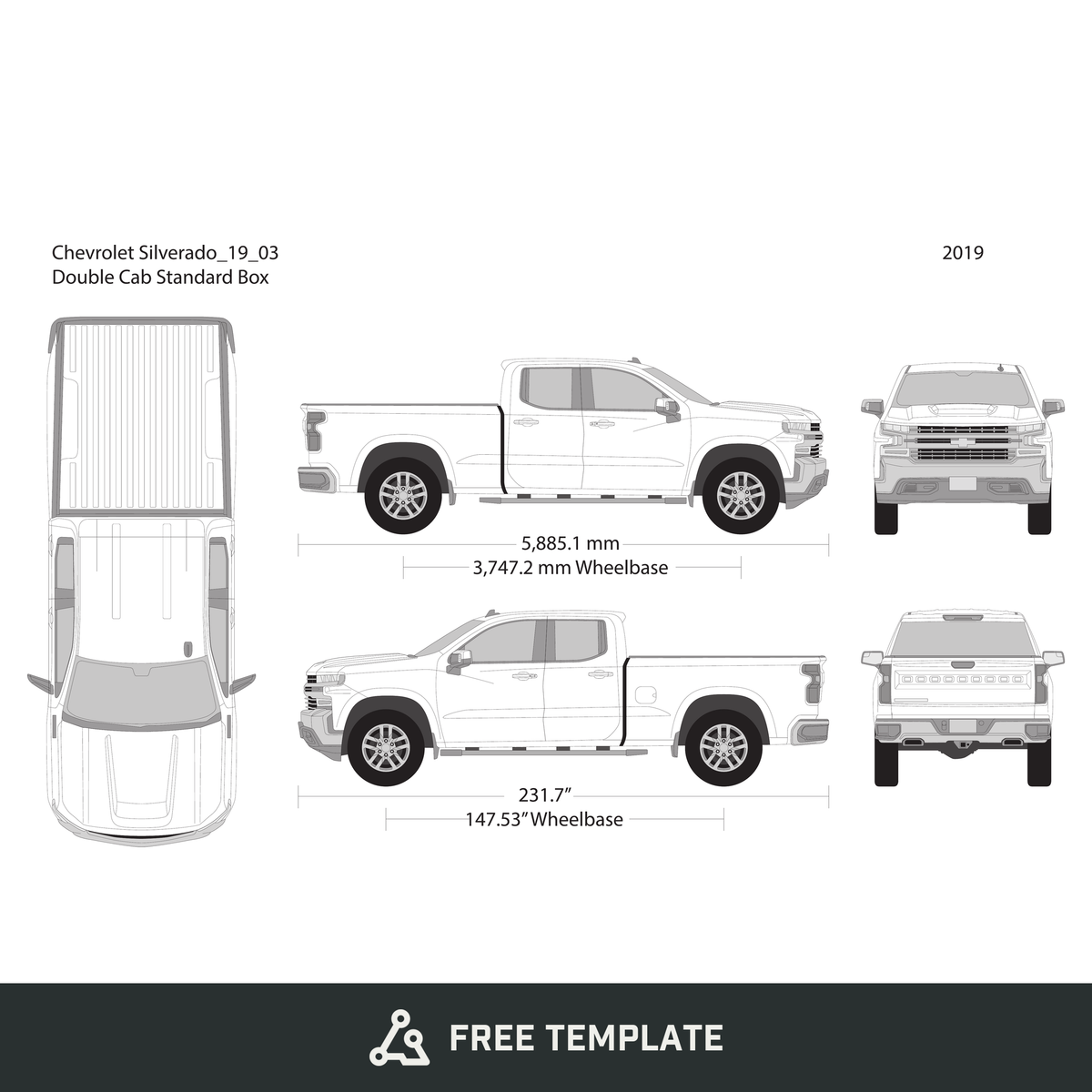 2019 Chevy Silverado 1500 free vector vehicle wrap template - GravBase