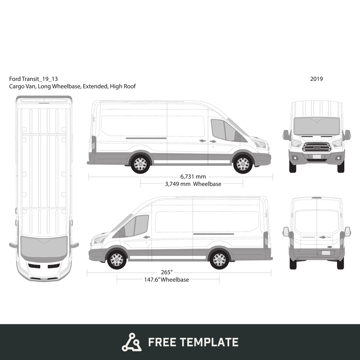2019 Ford Transit Sliding Door free vector vehicle wrap template - GravBase