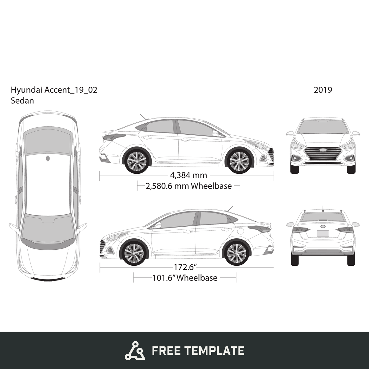 2019 Hyundai Accent Sedan free vector vehicle wrap template - GravBase