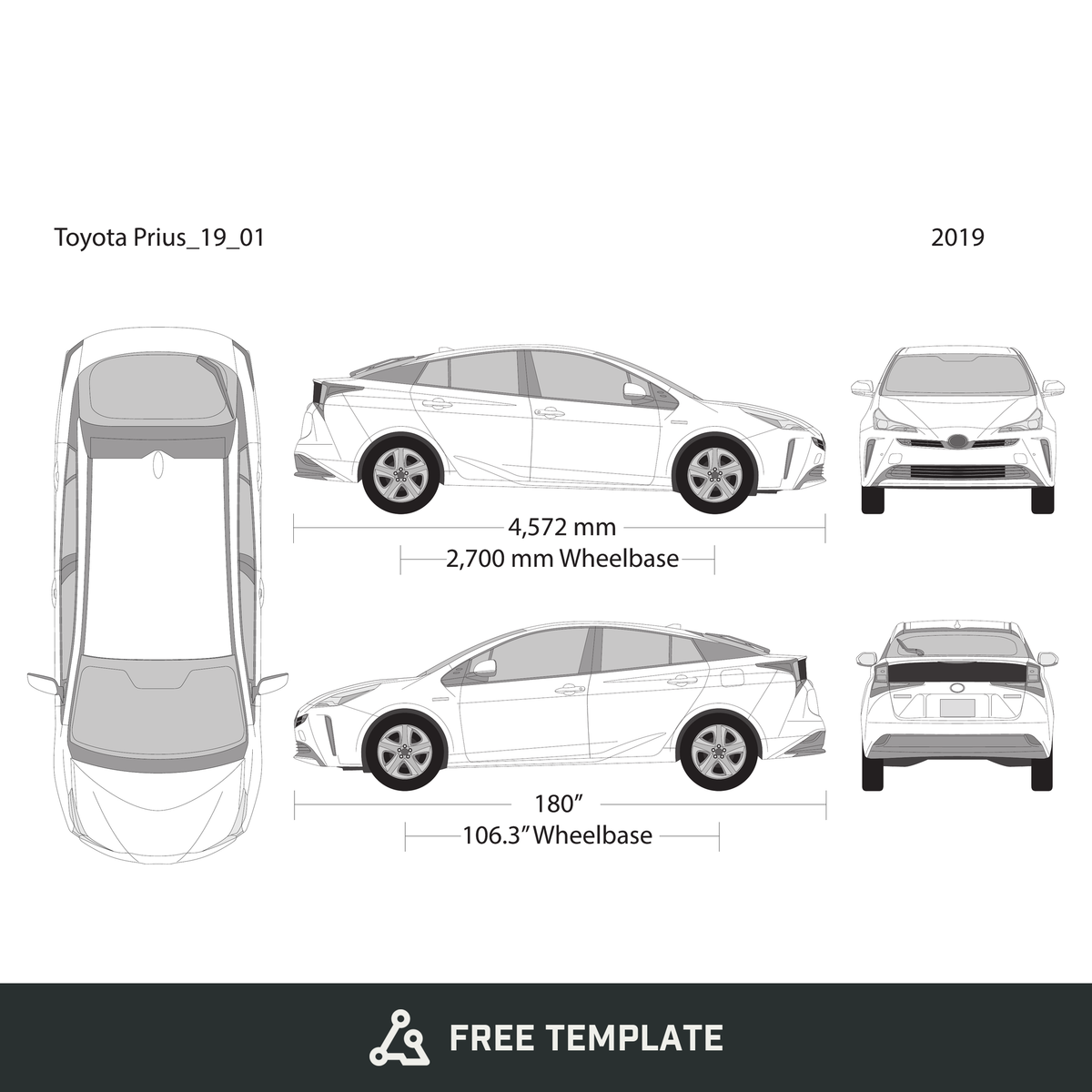 2019 Toyota Prius free vector vehicle wrap template - GravBase
