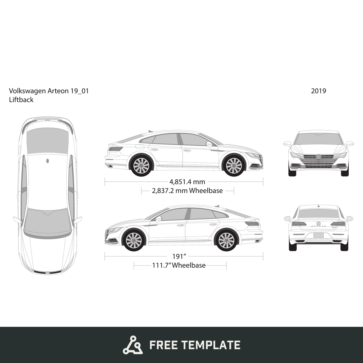 2019 Volkswagen Arteon free vector vehicle wrap template - GravBase