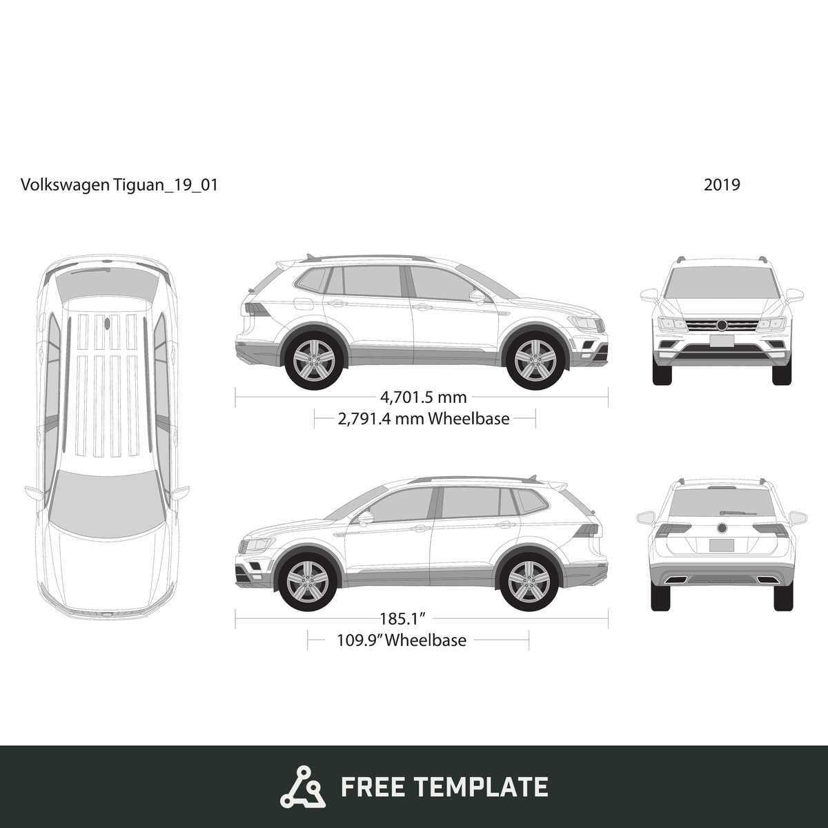 2019 Volkswagen Tiguan free vector vehicle wrap template - GravBase