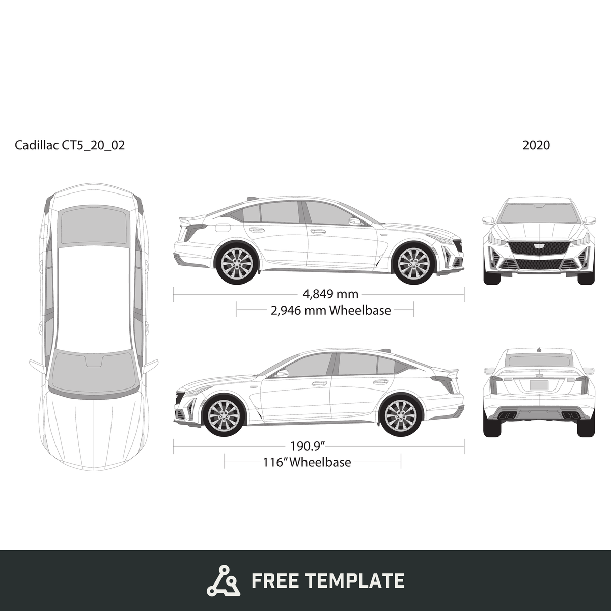 2020 Cadillac CT5 free vector vehicle wrap template - GravBase