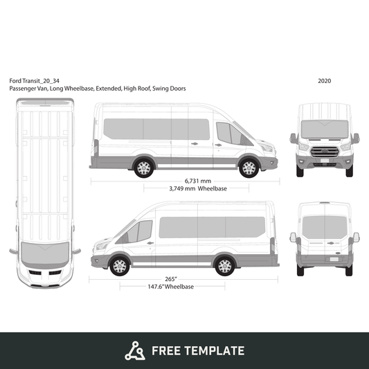 2020 Ford Transit Swing Doors 34 view free vector vehicle wrap template - GravBase