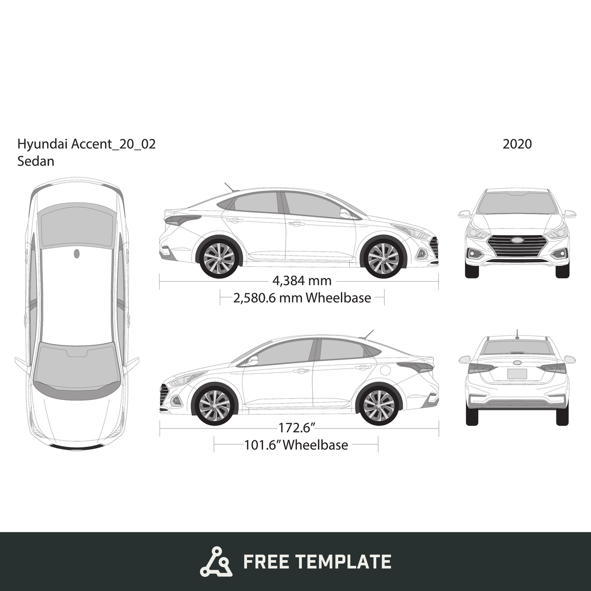 2020 Hyundai Accent Sedan free vector vehicle wrap template - GravBase