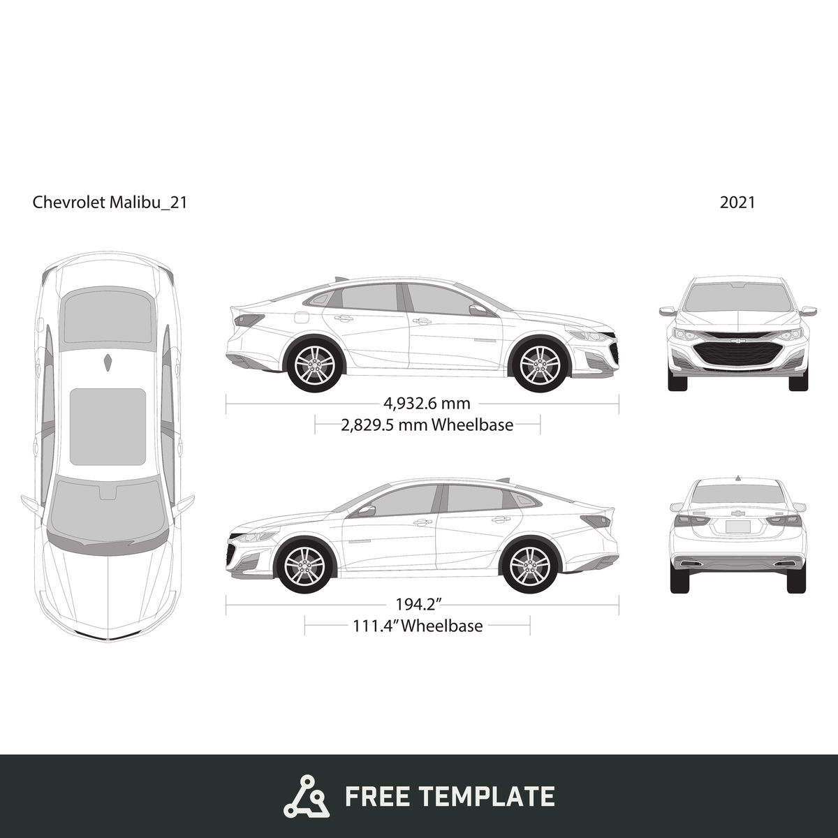 2021 Chevy Malibu free vector vehicle wrap template - GravBase