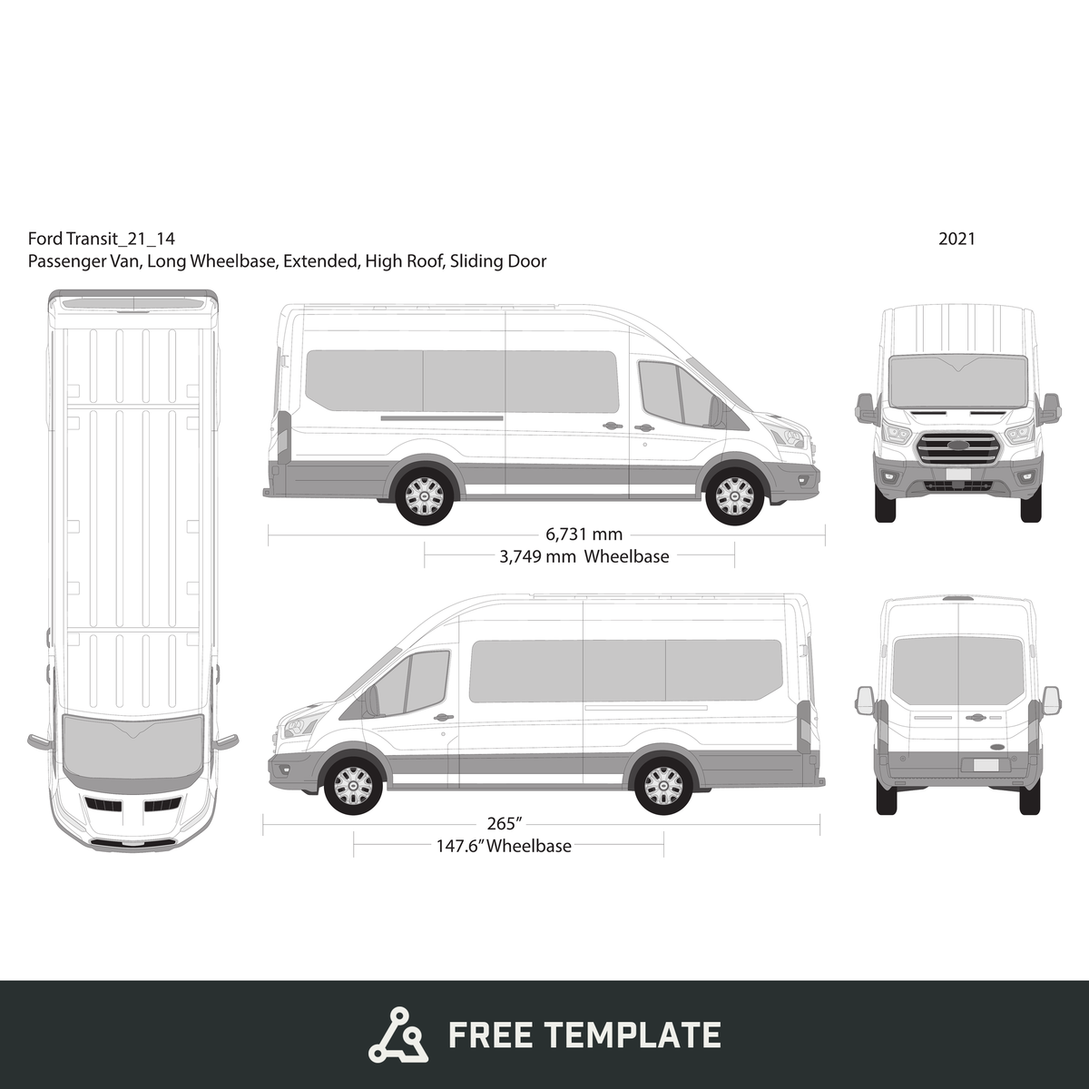 2021 Ford Transit Sliding Doors free vector vehicle wrap template - GravBase