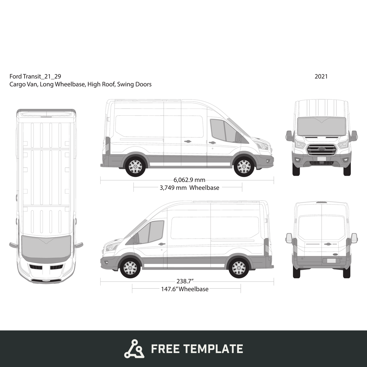 2021 Ford Transit Swing Doors free vector vehicle wrap template - GravBase