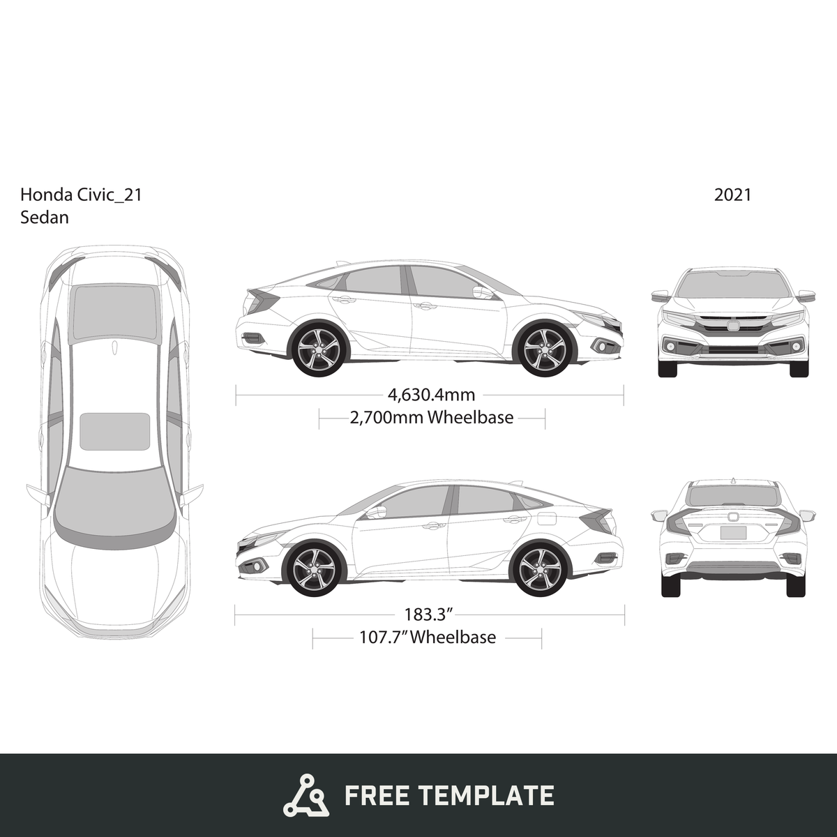 2021 Honda Civic Sedan free vector vehicle wrap template - GravBase