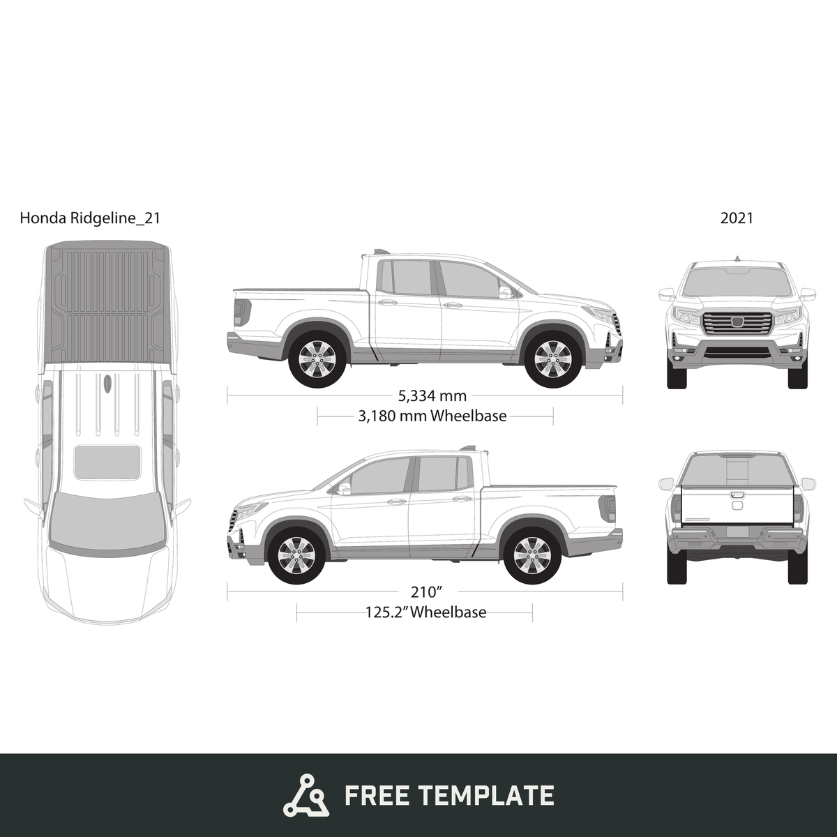 2021 Honda Ridgeline free vector vehicle wrap template - GravBase