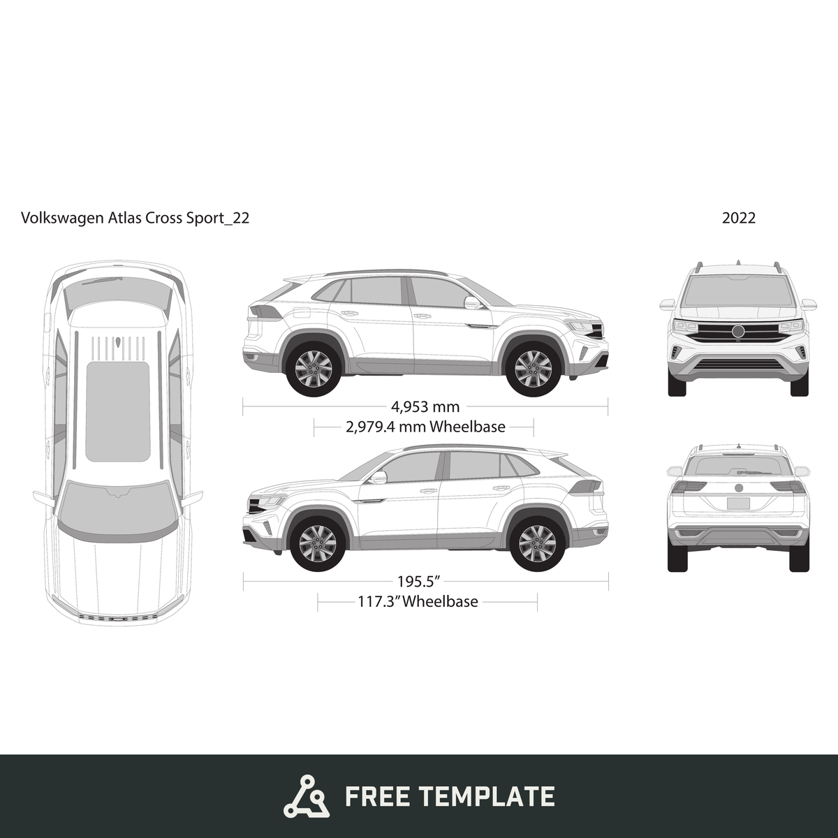 2022 Volkswagen Atlas Cross Sport free vector vehicle wrap template - GravBase