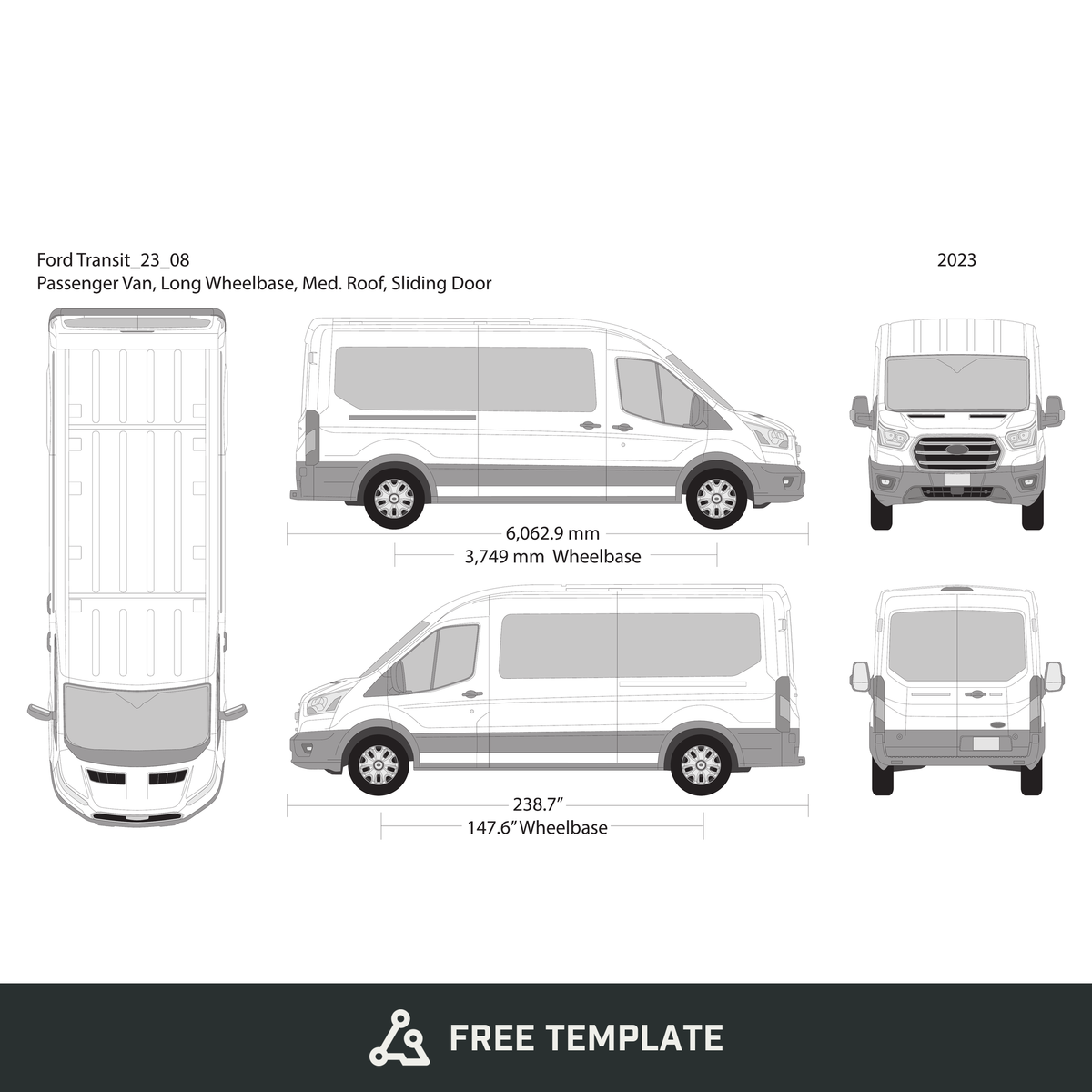 2023 Ford Transit Sliding Doors free vector vehicle wrap template - GravBase