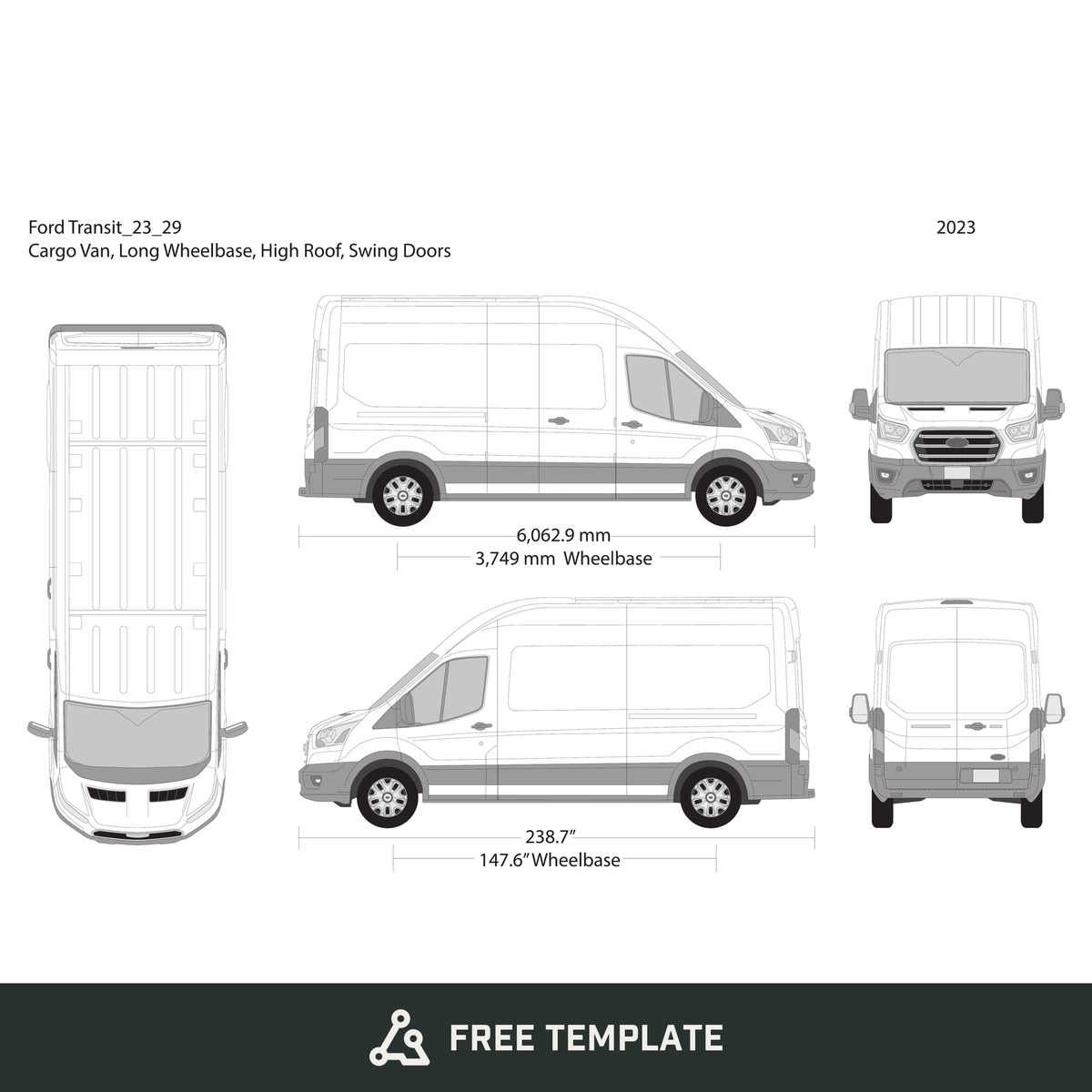 2023 Ford Transit Swing Doors free vector vehicle wrap template - GravBase
