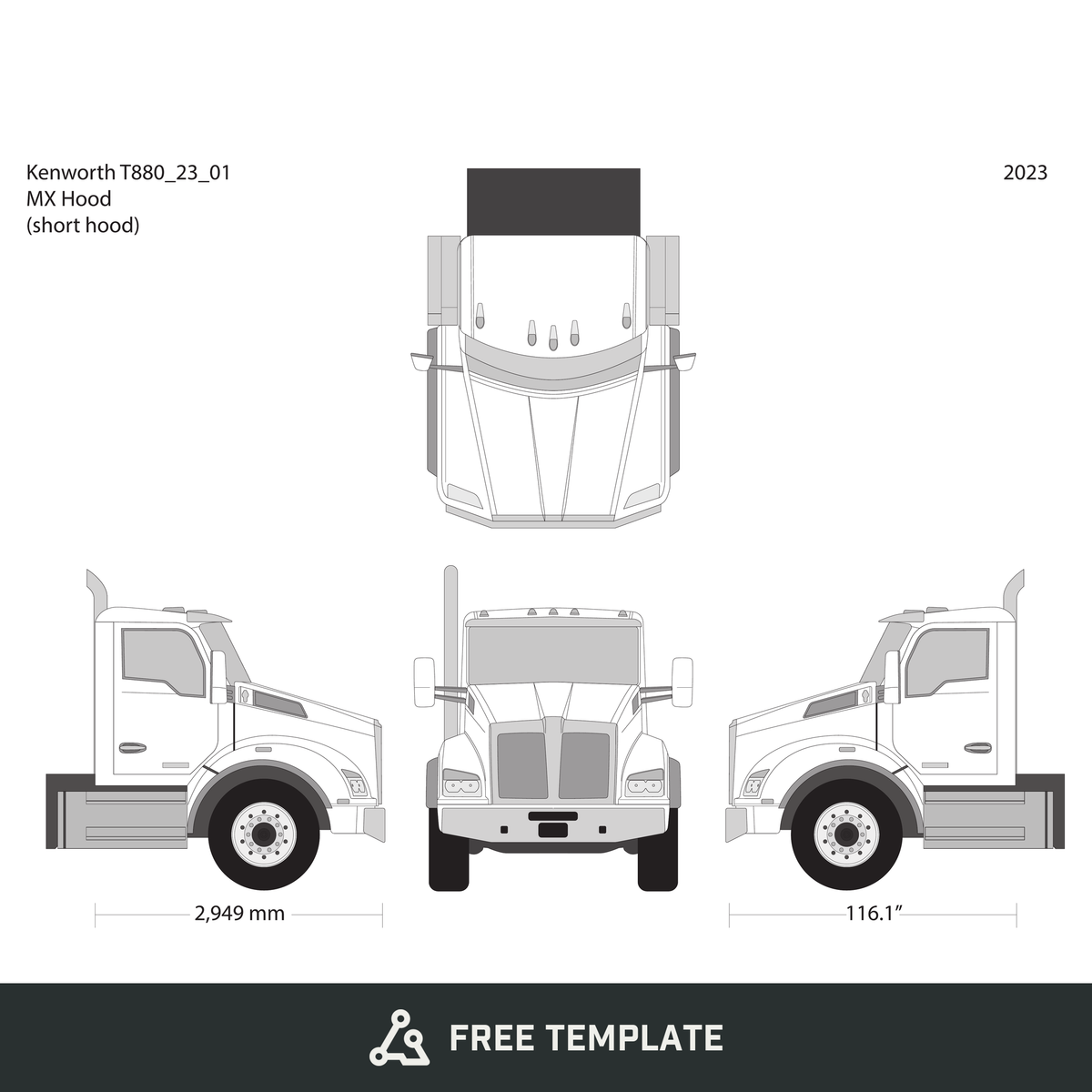 2023 Kenworth T880 free vector vehicle wrap template - GravBase