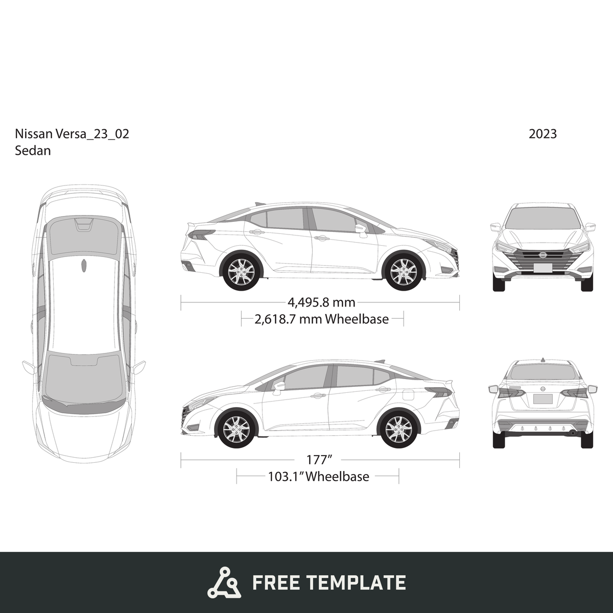 2023 Nissan Versa Sedan free vector vehicle wrap template - GravBase