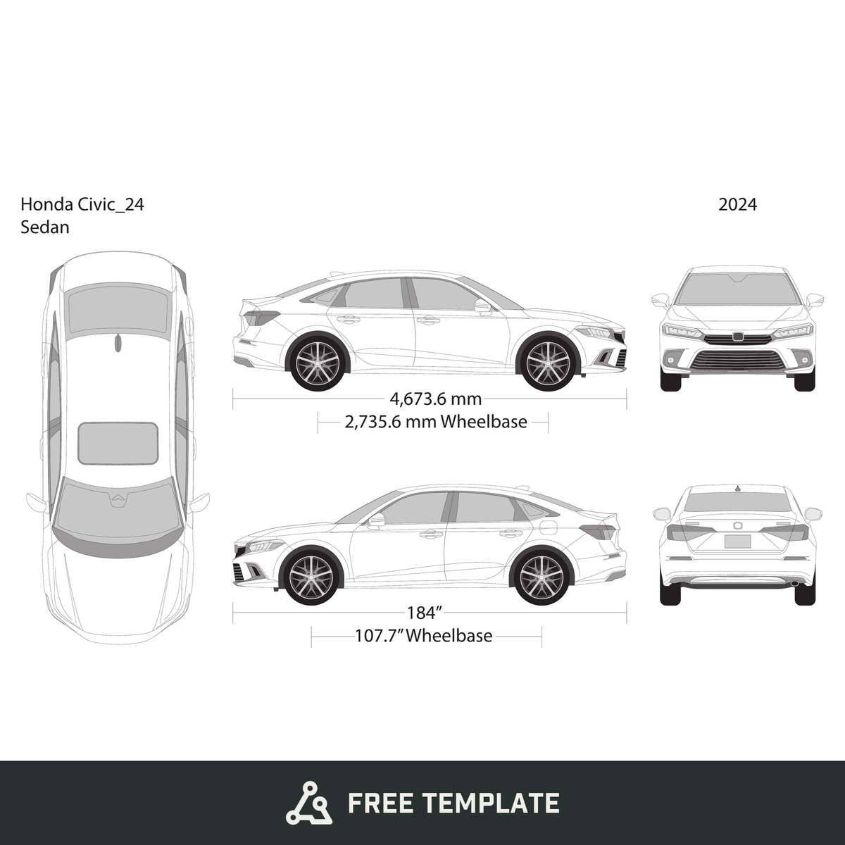 2024 Honda Civic Sedan free vector vehicle wrap template - GravBase