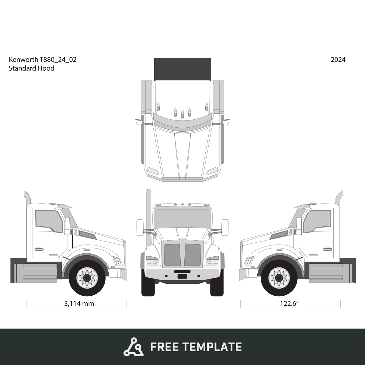 2024 Kenworth T880 free vector vehicle wrap template - GravBase