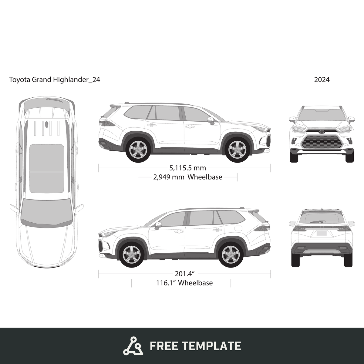 2024 Toyota Grand Highlander free vector vehicle wrap template - GravBase