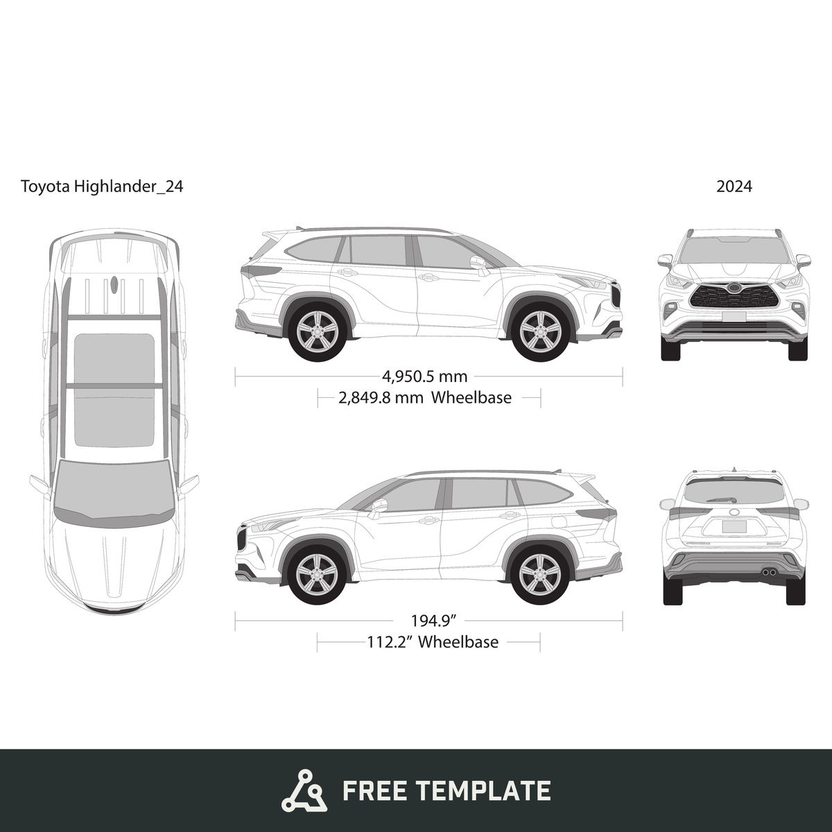 2024 Toyota Highlander free vector vehicle wrap template - GravBase