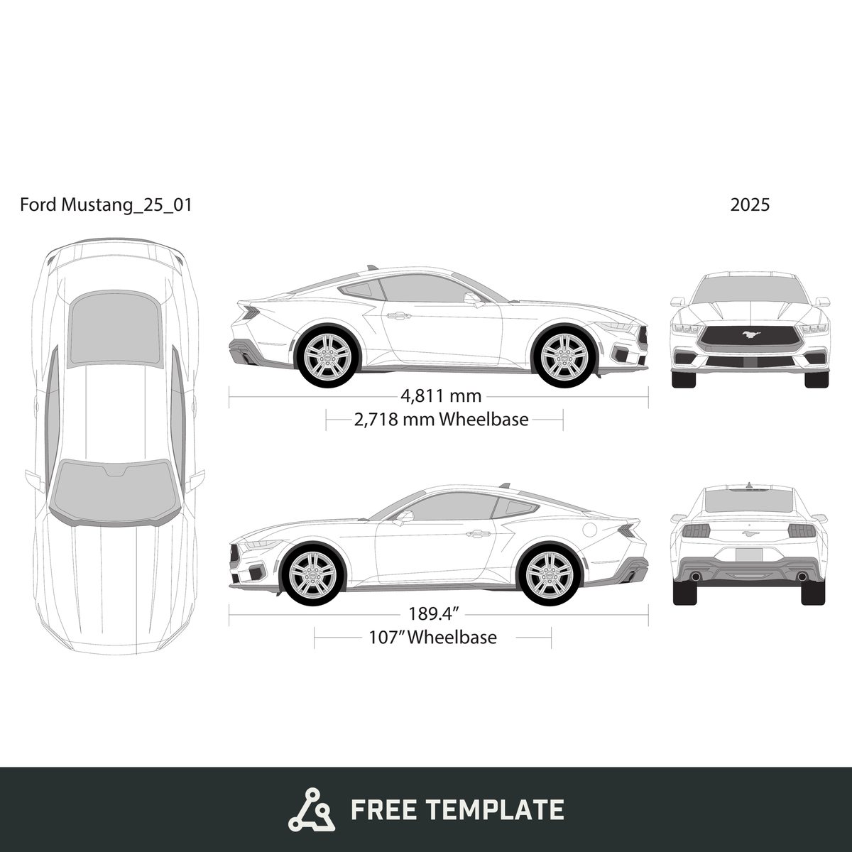 2025 Ford Mustang free vector vehicle wrap template - GravBase