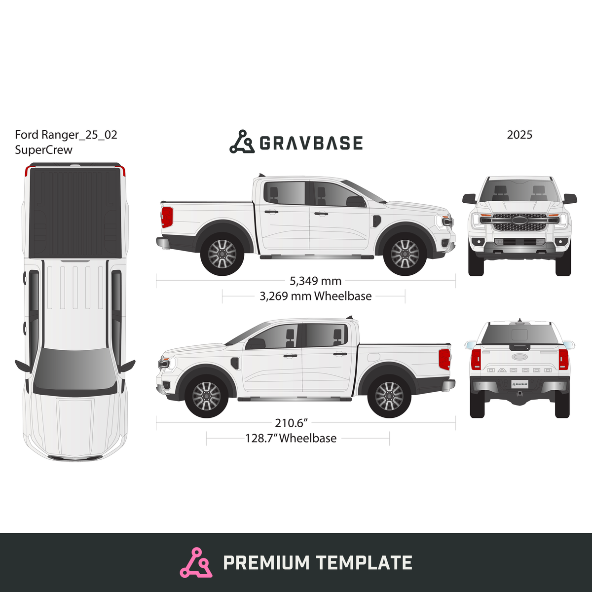 2025 Ford Ranger vector wrap template, Premium Full Color - GravBase