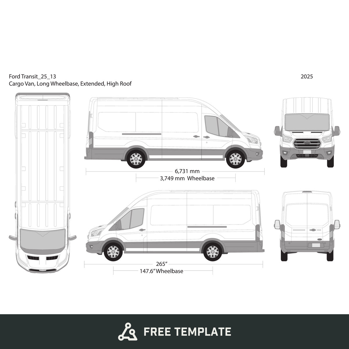 2025 Ford Transit Sliding Doors free vector vehicle wrap template - GravBase