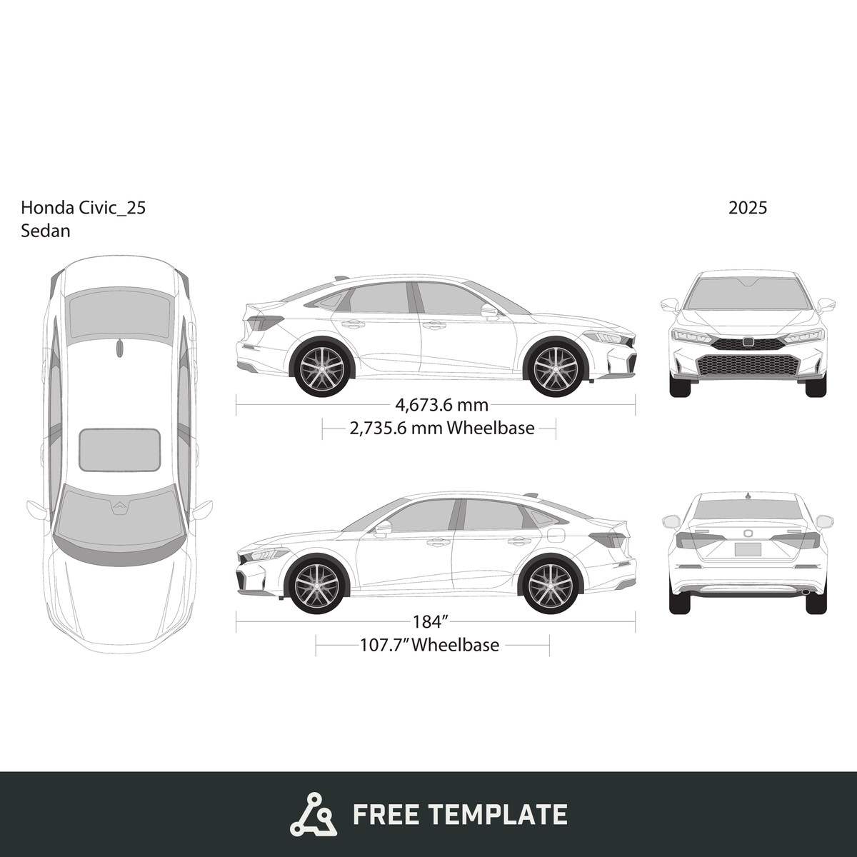 2025 Honda Civic Sedan free vector vehicle wrap template - GravBase