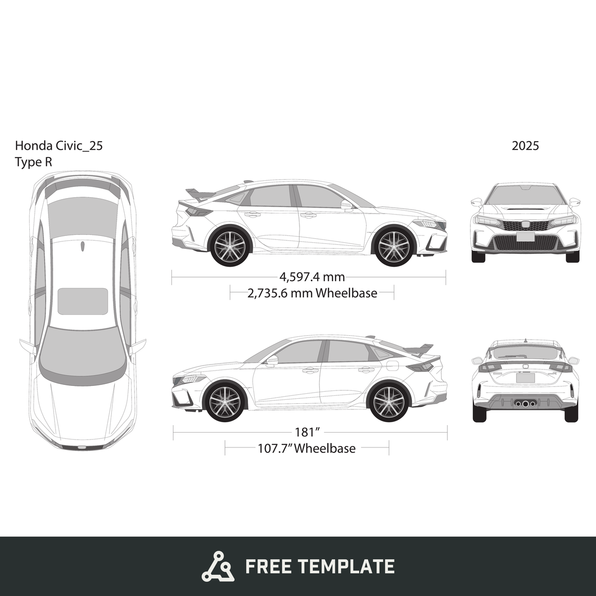 2025 Honda Civic Type R free vector vehicle wrap template - GravBase
