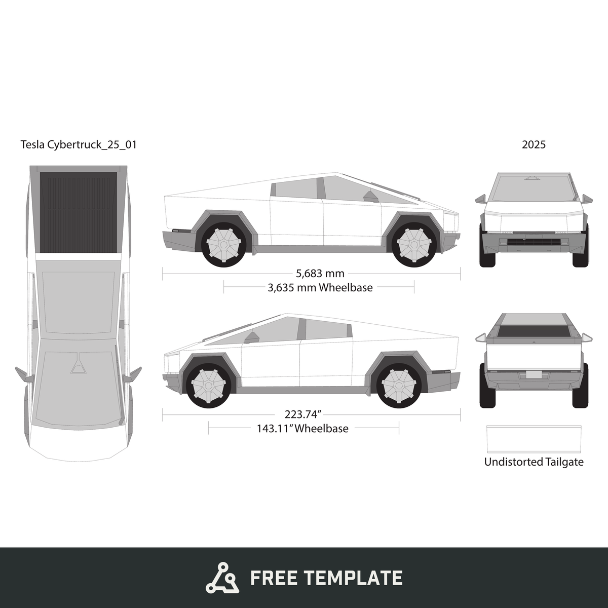 2025 Tesla Cybertruck free vector vehicle wrap template - GravBase
