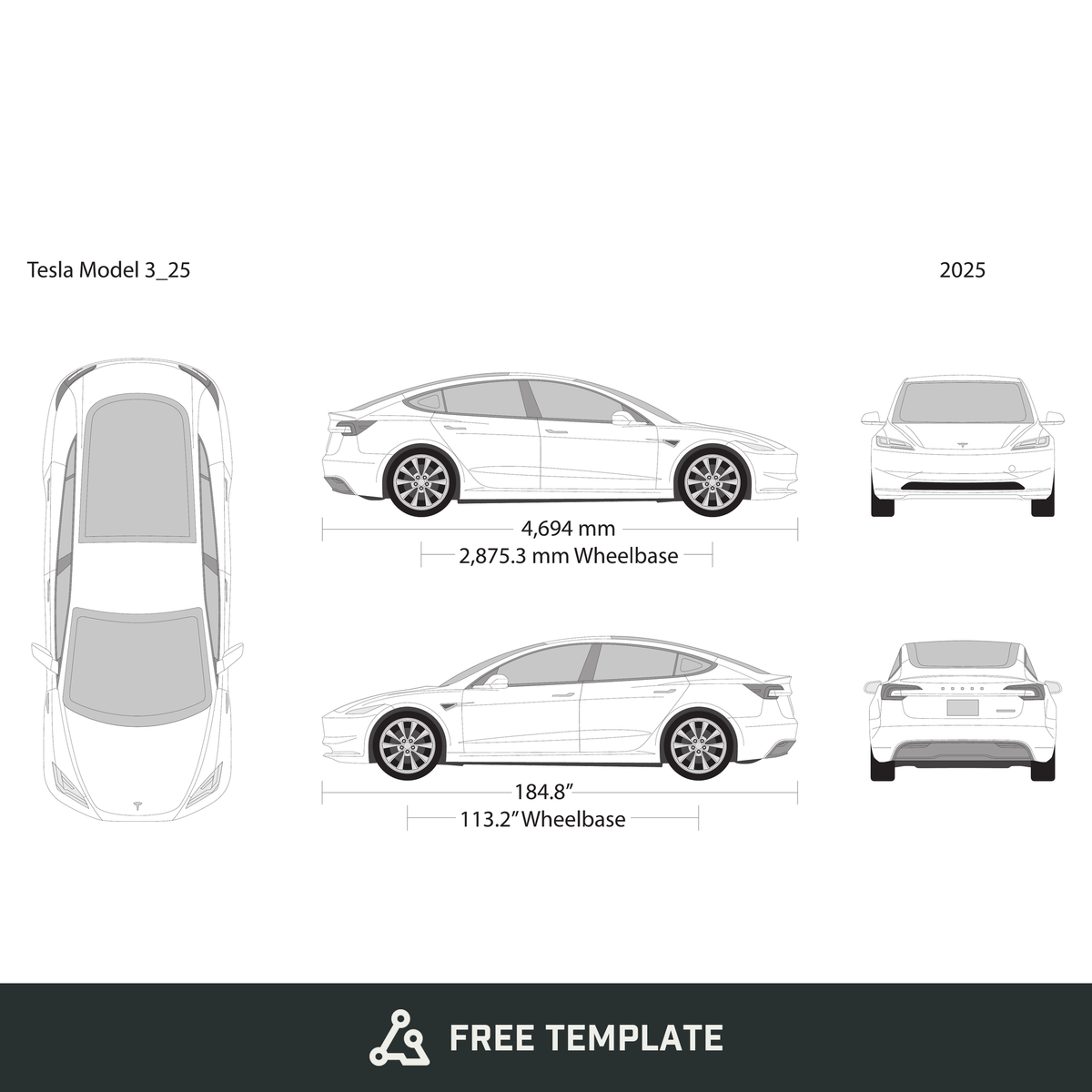 2025 Tesla Model 3 free vector vehicle wrap template - GravBase