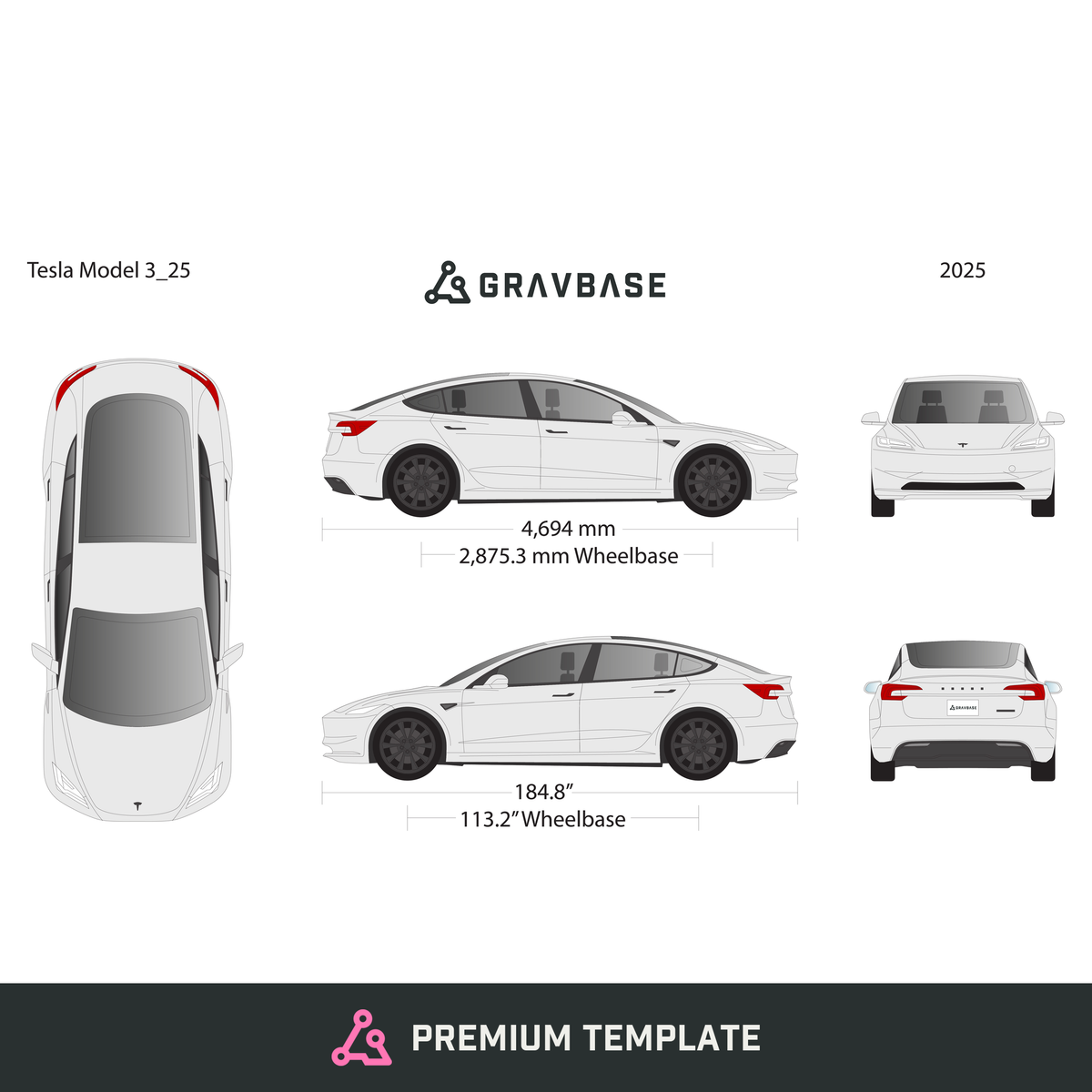 2025 Tesla Model 3 vector wrap template, Premium Full Color - GravBase