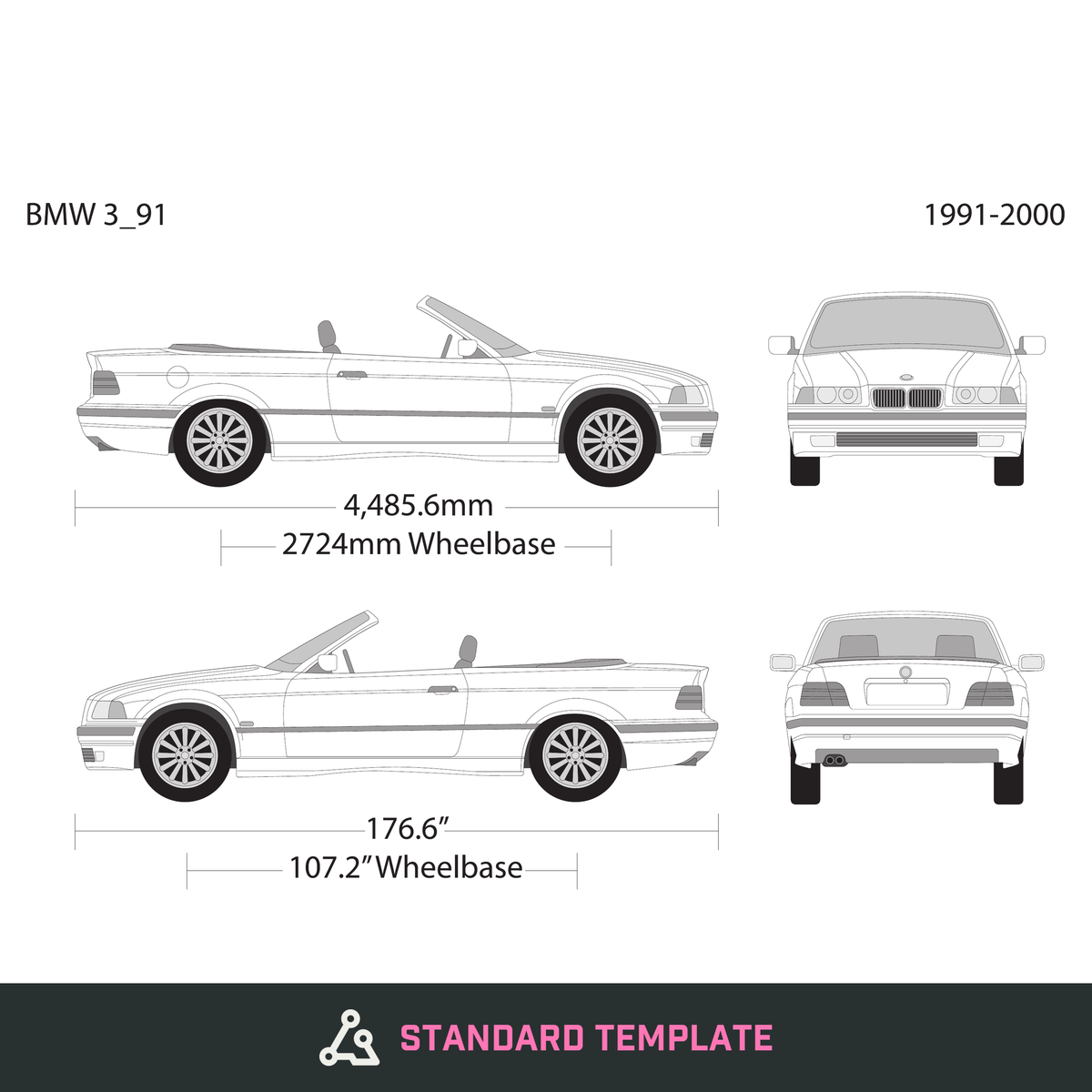 BMW 3 1991-2000 vector wrap template V91, Design-Ready PDF - GravBase