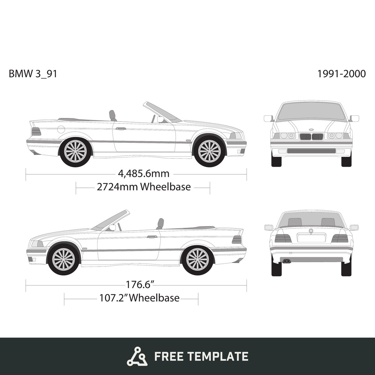 BMW 3 1991-2000 free vector vehicle wrap template - GravBase