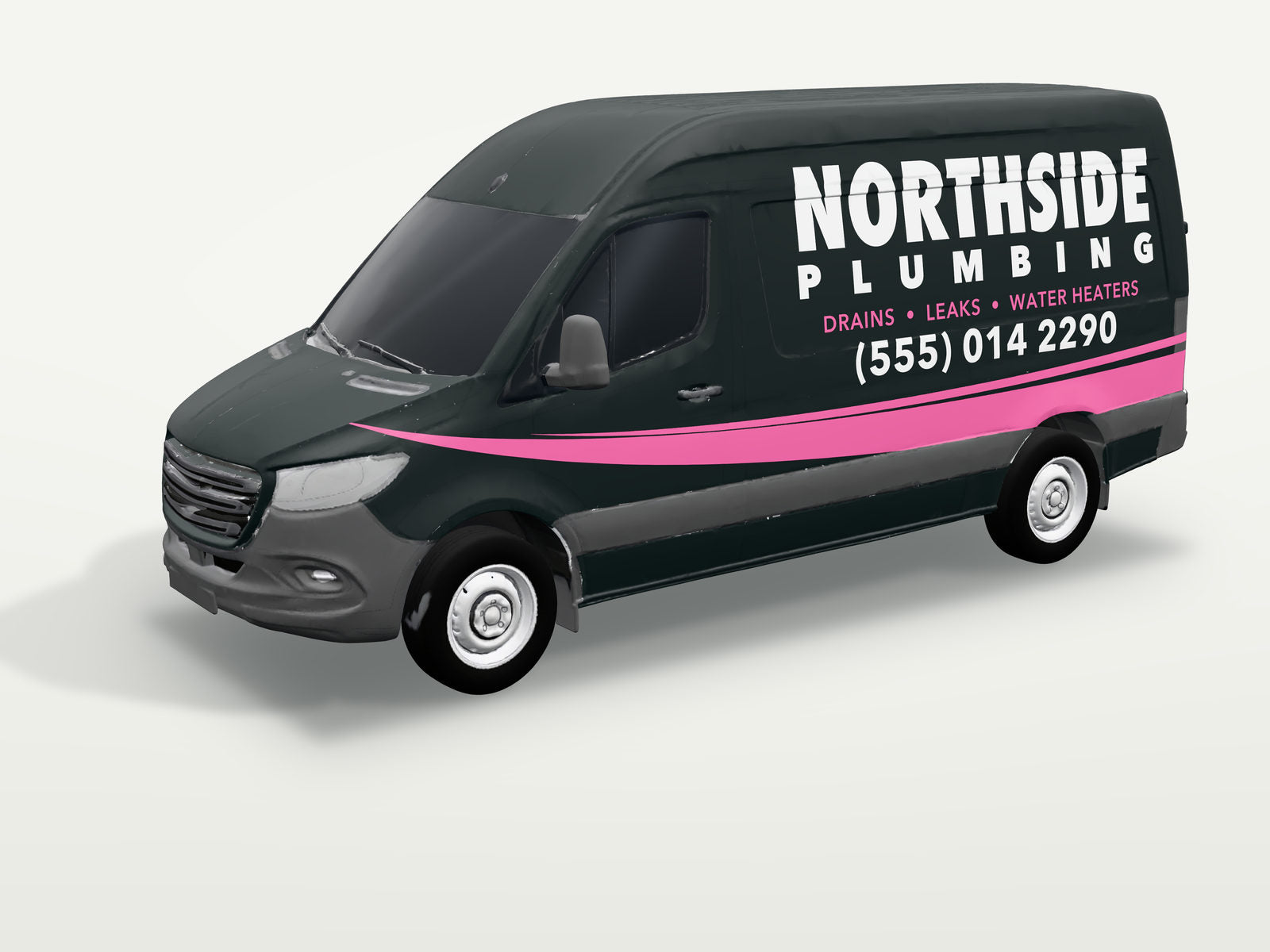 A plumbing van wrap made in the GravBase Wrap Designer, shown in 3D